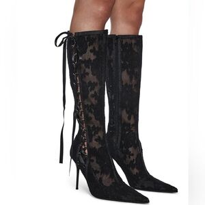 Black Lace-Up Floral Boots heels size 8 valentines date night outfit